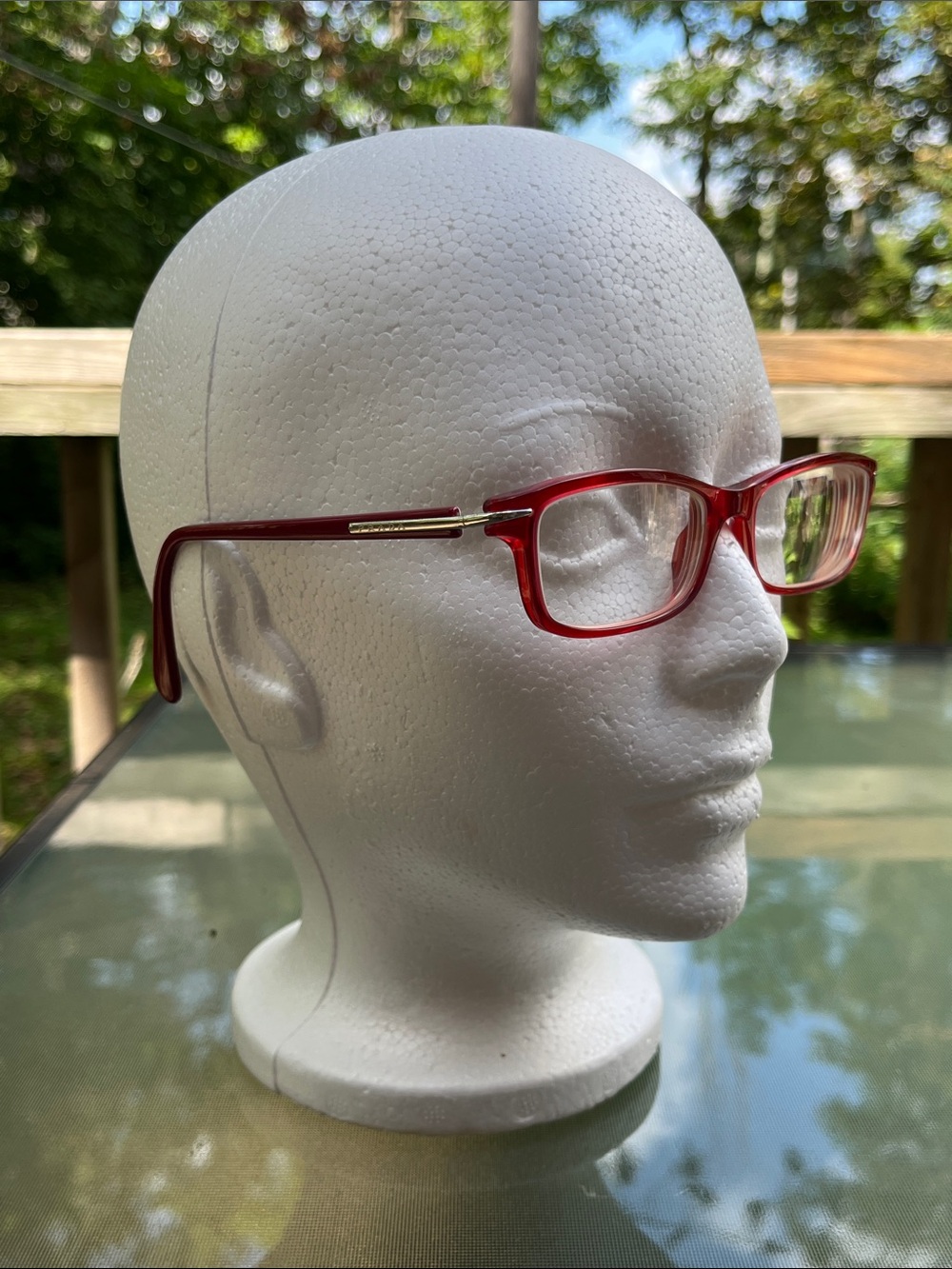 Prada Red Rectangular Eyeglasses with Gold Temple Accents